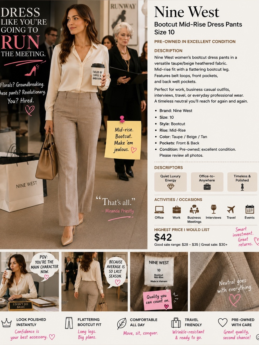 Nine West Taupe/Beige Bootcut Mid-Rise Dress Pants